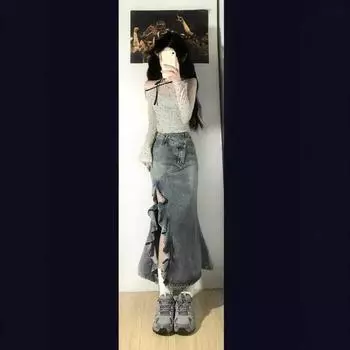 Женская юбка-рыбий хвост из денима с высокой талией и потертостями в стиле ретро 2X-Large синий