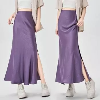 Женская юбка «рыбий хвост» с разрезом, эластичная гладкая атласная юбка-миди с высокой талией, однотонная облегающая летняя длинная юбка XL