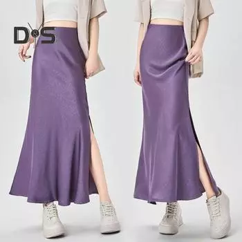 Женская юбка «рыбий хвост» с разрезом, эластичная гладкая атласная юбка-миди с высокой талией, однотонная облегающая летняя длинная юбка XL