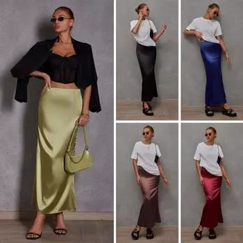 Женская юбка-рыбий хвост с широким подолом, высокая талия, облегающая юбка из искусственного шелка, однотонная атласная юбка для похудения S темно-синий