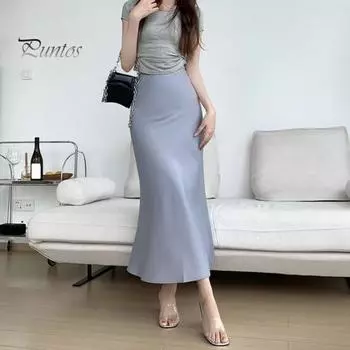 Женская юбка «рыбий хвост» с высокой талией, облегающая юбка с запахом бедра, однотонная гладкая атласная юбка-макси для работы, отдыха, повседневной одежды S синий
