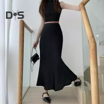 Женская юбка «рыбий хвост» с высокой талией, облегающая юбка с запахом бедра, однотонная гладкая атласная юбка-макси для работы, отдыха, повседневной одежды S синий