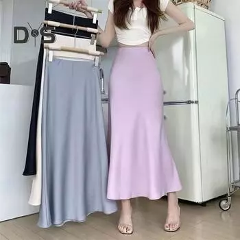 Женская юбка-рыбий хвост с высокой талией и подолом в стиле «рыбий хвост», макси-юбка с однотонной атласной текстурой в стиле ретро, юбка с запахом на бедрах XL жёлтый