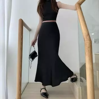 Женская юбка «рыбий хвост» с высокой талией, облегающая юбка с запахом бедра, однотонная гладкая атласная юбка-макси для работы, отдыха, повседневной одежды S синий