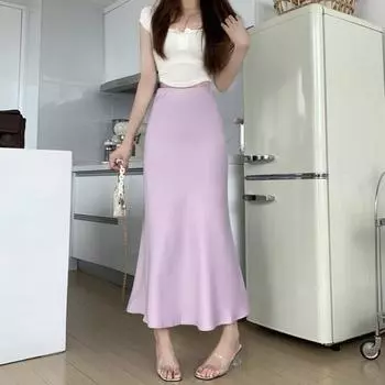 Женская юбка «рыбий хвост» с высокой талией, облегающая юбка с запахом бедра, однотонная гладкая атласная юбка-макси для работы, отдыха, повседневной одежды S синий