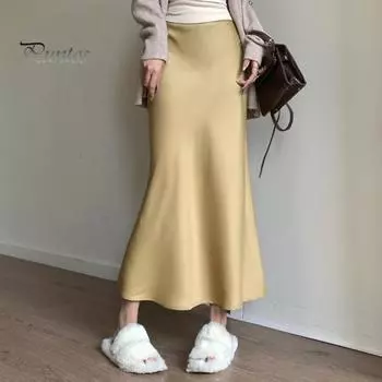 Женская юбка-рыбий хвост с высокой талией и подолом в стиле «рыбий хвост», макси-юбка с однотонной атласной текстурой в стиле ретро, юбка с запахом на бедрах L жёлтый