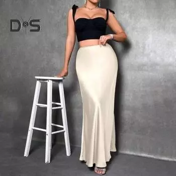 Женская юбка-рыбий хвост с высокой талией, однотонная, гладкая, А-силуэт, макси-юбка для работы, отдыха, повседневной носки S темно-коричневого