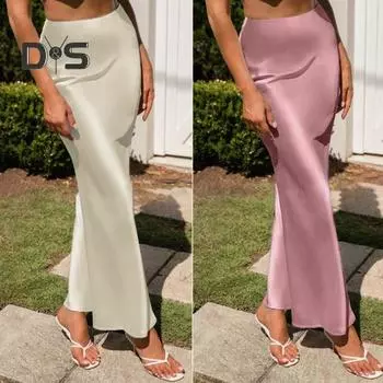 Женская юбка-рыбий хвост, трапециевидная юбка-миди с высокой талией и большим подолом, однотонная гладкая атласная юбка до середины икры, рабочая одежда 2XL темно-зеленого