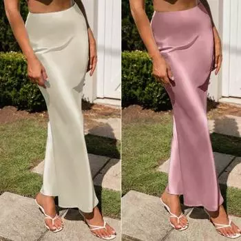 Женская юбка-рыбий хвост, трапециевидная юбка-миди с высокой талией и большим подолом, однотонная гладкая атласная юбка до середины икры, рабочая одежда L розовый