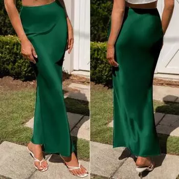 Женская юбка-рыбий хвост, юбка-миди с талией, однотонная, с большим подолом, трапециевидной формы, высокая гладкая атласная юбка до середины икры L темно-зеленого