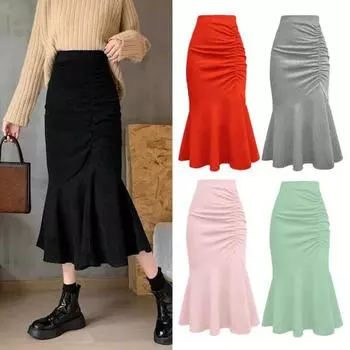Женская юбка-рыбий хвост, высокая талия, облегающая юбка миди с запахом на бедрах, с широким подолом, однотонная офисная женская юбка XL розовый