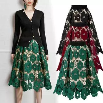 Женская юбка с эластичным поясом и высокой талией до середины икры, свободная дышащая вязанная крючком цветочная кружевная юбка трапециевидной формы M чёрный