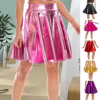 Женская юбка с большим подолом, гладкая искусственная кожа, плиссированная однотонная однотонная высокая эластичная талия, короткая мягкая мини-юбка выше колена, клубная юбка для выступлений S золотистый