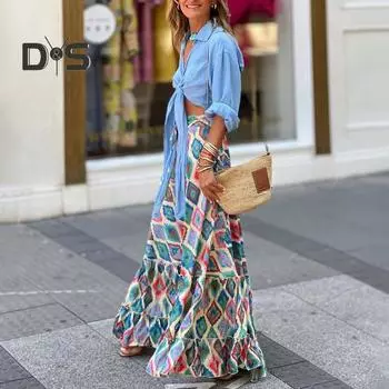 Женская юбка с цветным ромбическим принтом, высокой талией, в стиле бохо, А-силуэта, с большим подолом, с оборками в стиле пэчворк, с завязками на талии, пляжная макси-юбка L синий