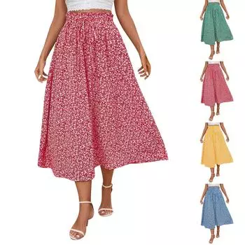 Женская юбка с цветочным принтом, повседневная, с поддельным шнурком, свободная юбка с карманом S жёлтый