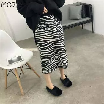 Женская юбка с двойным разрезом и принтом зебры, модная универсальная повседневная свободная вязаная плиссированная юбка с высокой талией