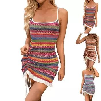 Женская юбка с квадратным вырезом и подтяжками в полоску, плиссированная трикотажная юбка L синий