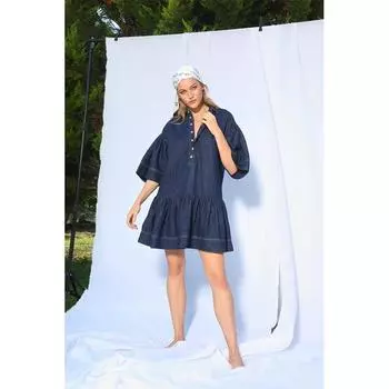 Женская юбка с оборками Детальное джинсовое платье темно-синего цвета