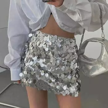 Женская юбка с пайетками, облегающая юбка с высокой талией, мягкая светоотражающая ультра короткая юбка выше колена, прочная строчка, сексуальная одежда для взрослых M серебряный