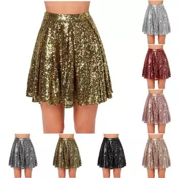Женская юбка с пайетками, универсальная, А-силуэт, базовая, расклешенная, повседневная, короткая юбка L бежевый