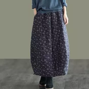 Женская юбка с подкладкой в стиле ретро с цветочным принтом, утолщенная, теплая, средней и длинной длины L
