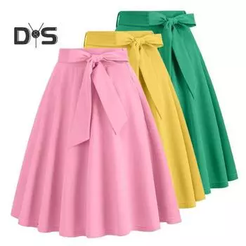 Женская юбка с поясом, обтягивающая талия, бант, А-силуэт, большой размер, однотонная, с высокой талией, мягкая оборка, летняя юбка миди для свиданий и вечеринок 2XL жёлтый