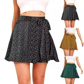 Женская юбка с принтом, модная юбка с завязками и высокой талией, шифоновая атласная юбка-бандаж L чёрный