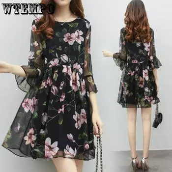 Женская юбка с принтом, свободное платье с круглым вырезом, тонкое платье большого размера с животом, юбка с принтом, легкая и дышащая ткань L