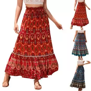 Женская юбка с принтом в этническом стиле, богемная пляжная юбка, длинная юбка из полого кружева для женщин L синий