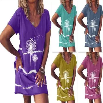 Женская юбка с принтом в стиле ретро, юбка с коротким рукавом, платье с круглым вырезом, летнее платье L темно-фиолетового