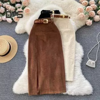 Женская юбка с разрезом, однотонная, с высокой талией, мягкая, плотная, теплая, мягкая, облегающая, элегантная, стильная, с застежкой-молнией, длиной до середины икры, миди-юбка S коричневый