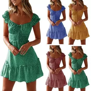 Женская юбка с рюшами и цветочным принтом, платье с короткими рукавами и шнуровкой с высокой талией L светло-синий