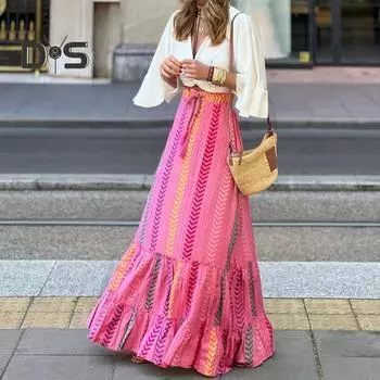 Женская юбка с рюшами, мягкая дышащая, моющаяся, не выцветающая, с эластичной резинкой на талии, универсальная свободная повседневная юбка-макси, уличная одежда M розы красного