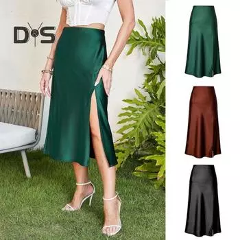 Женская юбка с шелковистой высокой талией, прямой свободный подол с разрезом, длина до середины икры, гладкая атласная трапеция, свободный подол, женская юбка-миди для выпускного вечера, вечерние поездки на работу S коричневый
