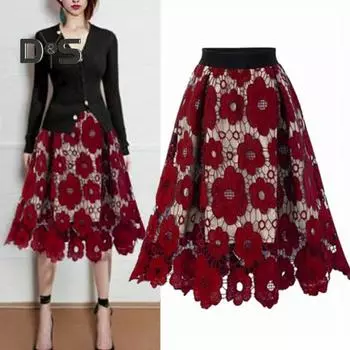 Женская юбка с высокой резинкой на талии, ажурное цветочное кружево, А-силуэт, двухслойная, длиной до середины голени, женская миди-юбка для вечеринок и поездок L красный