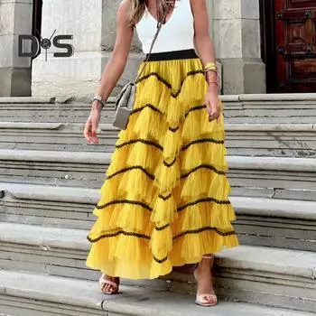 Женская юбка с высокой талией, А-силуэт, большие оборки, контрастный цвет, разбросанный подол, плиссировка в стиле пэчворк, принцесса, эластичный пояс, длина до щиколотки, макси-юбка жёлтый