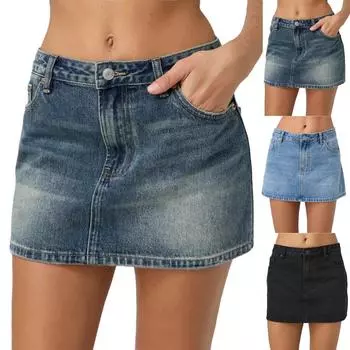 Женская юбка с высокой талией, эластичные джинсовые юбки, повседневные, облегающие, короткие юбки S чёрный
