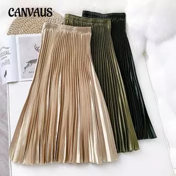 Женская юбка с высокой талией, атласная плиссированная юбка средней длины средней длины, весенне-летняя тонкая юбка трапециевидной формы средней длины в стиле ретро