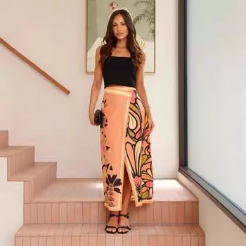 Женская юбка с высокой талией, цветочным принтом и разрезом, облегающая бедра S