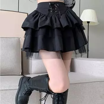 Женская юбка с высокой талией, газовая юбка в стиле пэчворк со шнуровкой, пышная короткая юбка L чёрный