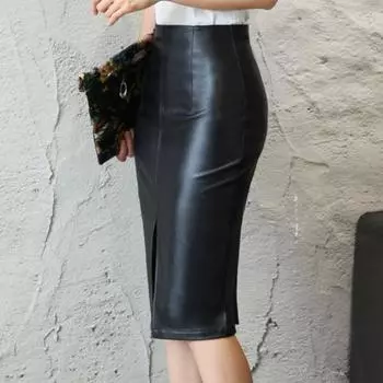 Женская юбка с высокой талией и разрезом сзади, искусственная кожа, миди-юбка, однотонная, облегающая бедра, черная юбка, праздничная одежда M чёрный