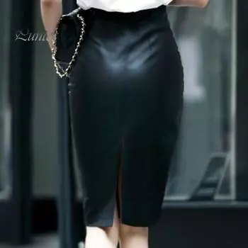 Женская юбка с высокой талией и разрезом сзади, искусственная кожа, миди-юбка, однотонная, облегающая бедра, черная юбка, праздничная одежда M чёрный