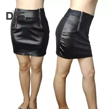 Женская юбка с высокой талией на молнии, сплошной цвет, гладкая искусственная кожа, облегающая мини-юбка выше колена для клубной вечеринки M чёрный