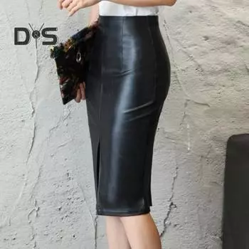 Женская юбка с высокой талией, облегающая облегающая узкая искусственная кожа с разрезом подол, длиной до колена, сплошной цвет, гладкая застежка-молния, OL, коммутирующая женская юбка-миди S чёрный