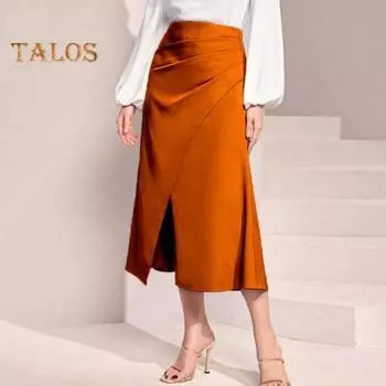 Женская юбка с высокой талией, однотонная, универсальный стиль, плиссированная юбка, утягивающая, с разрезом, молния, облегающая юбка миди S чёрный