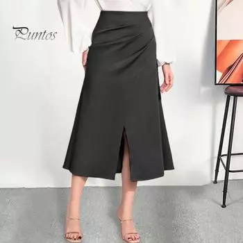 Женская юбка с высокой талией, однотонная, универсальный стиль, плиссированная юбка, утягивающая, с разрезом, молния, облегающая юбка миди S оранжевый