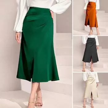 Женская юбка с высокой талией, однотонная, универсальный стиль, плиссированная юбка, утягивающая, с разрезом, молния, облегающая юбка миди S оранжевый