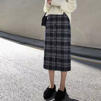 Женская юбка с высокой талией, шерстяная юбка-трапеция в стиле ретро с клетчатым принтом M