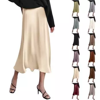 Женская юбка с высокой талией Женская юбка-трапеция Летняя однотонная юбка-миди с высокой талией L бежевый