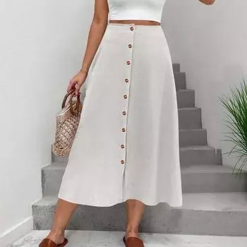 Женская юбка средней длины с пуговицей спереди, летняя повседневная эластичная талия, карманная А-силуэтная юбка средней длины M белый